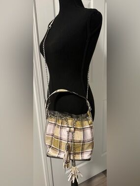 Clear Chain-Trim Shoulder Bag with Plaid Fabric Insert - Black/Yellow